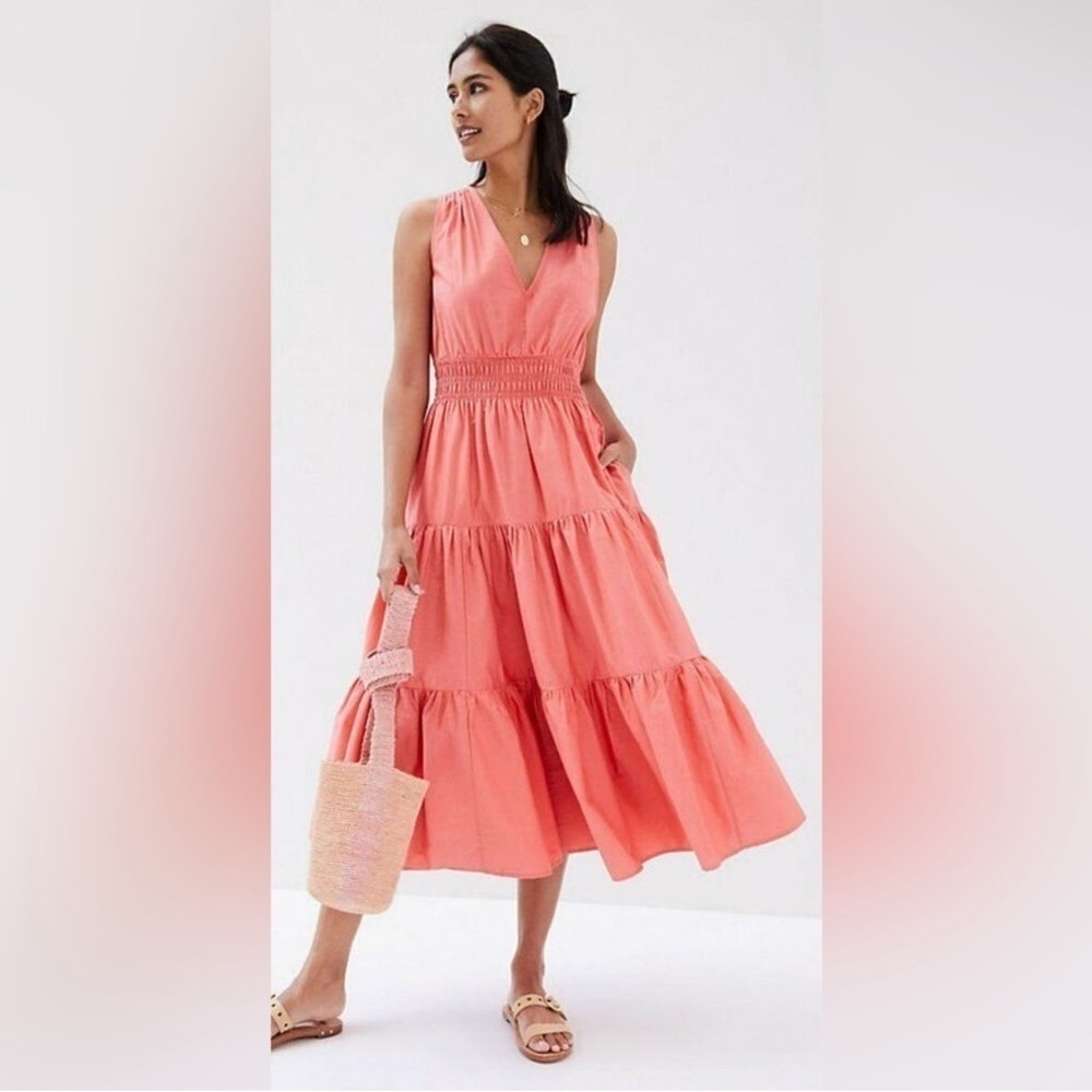 Maeve by Anthropologie salmon coral pink tiered full skirt midi dress, size 2